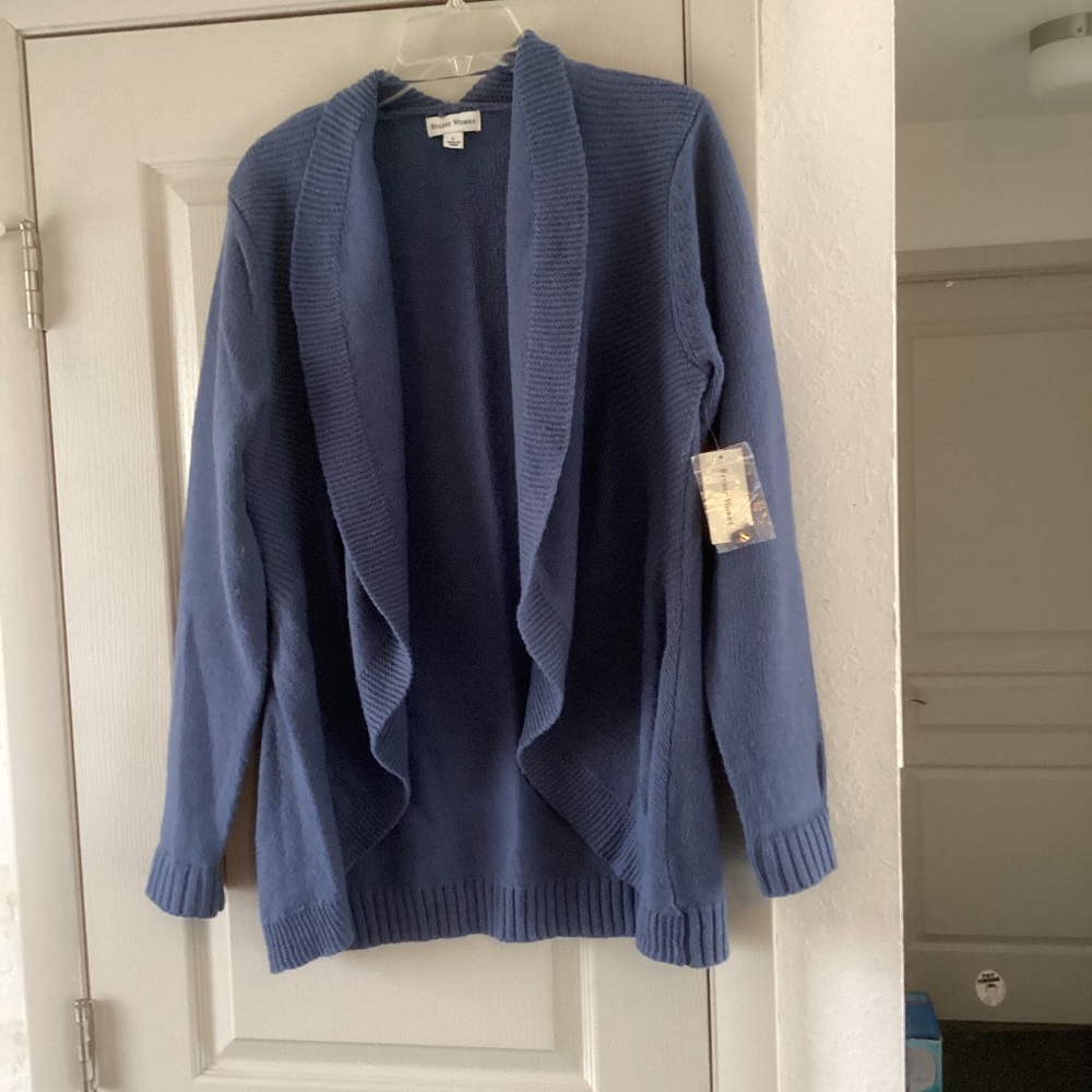 Women Lg long open sweater Studio Works cerulean spirit blue